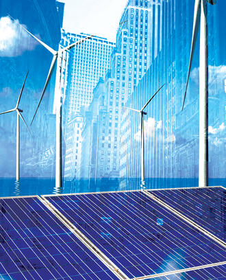 City buildings juxtaposed with solar panels and wind turbines