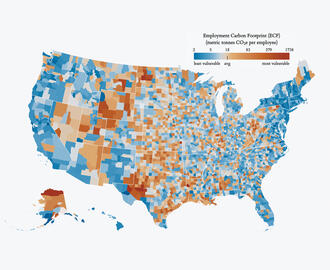 A map illustrating what US counties are most vulnerable in the energy transition out of fossil fuels