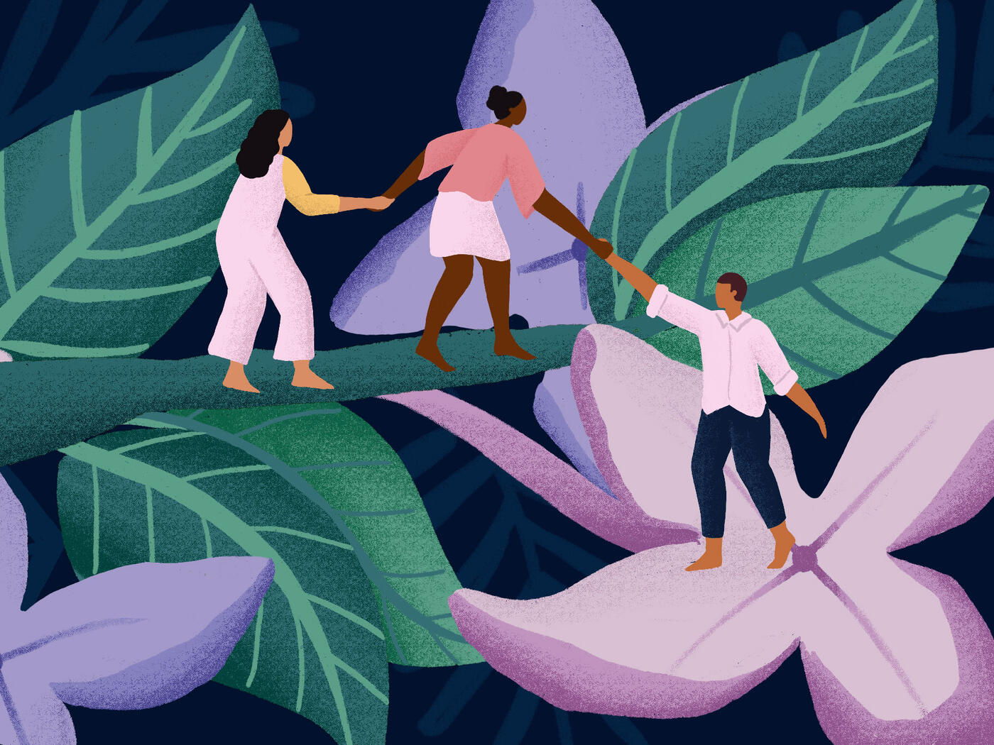 Illustration of three people helping each other climb a flowering branch