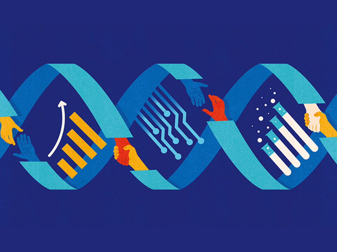 DNA, handshake, tech graphic