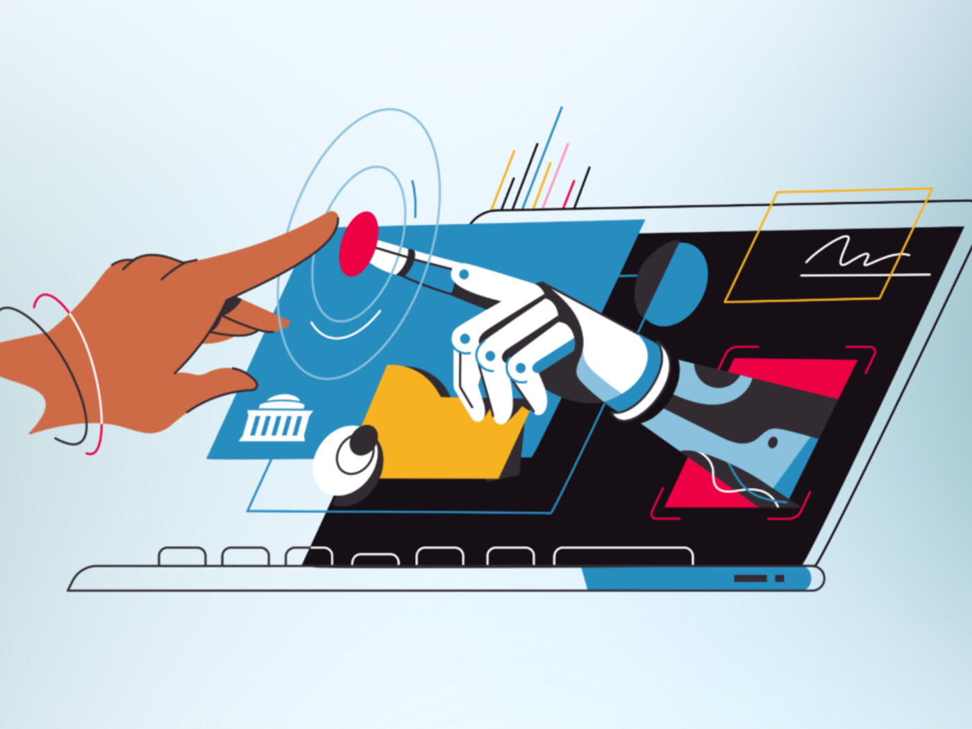 illustration of human hand touching a robotic hand through a laptop computer screen