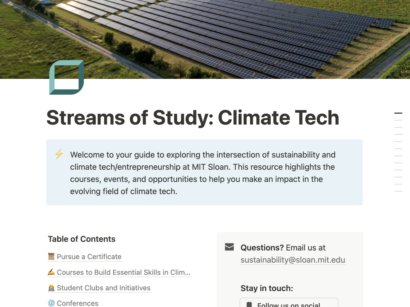 Screenshot of Streams of Study: Climate Tech page